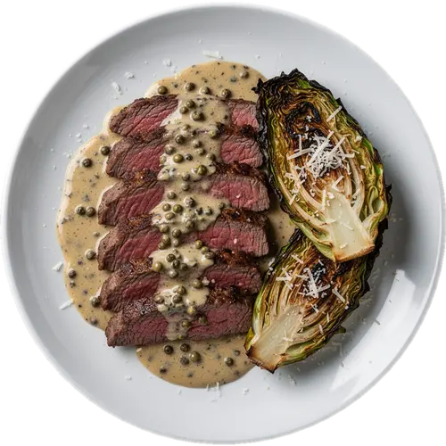 Steak with Charred Cabbage & Peppercorn Sauce