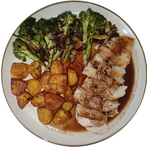 Roast Chicken with Crispy Potatoes, Broccoli & Red Wine Jus